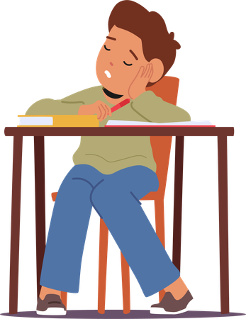 Exhausted Student Boy Slumbers On The Desk with Open Textbooks  Illustration