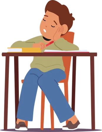 Exhausted Student Boy Slumbers On The Desk With Open Textbooks A Pencil Clutched In Hand Fatigue Pupil In Classroom A Testament To The Weight Of Academic Endeavors Cartoon Vector Illustration Illustration