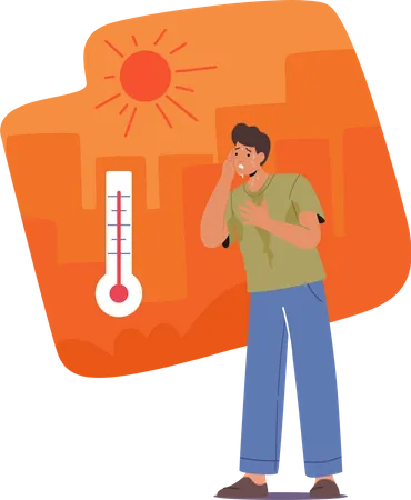 Exhausted Tired Male Character Perspires Fatigues Dehydrates Feels Dizzy Weak And Uncomfortable Due To Extreme Heat Outdoors At Hot Summer Weather Man Suffer Cartoon People Vector Illustration イラスト