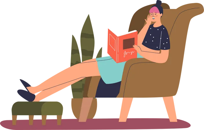 Exhausted woman falling asleep while reading book  Illustration