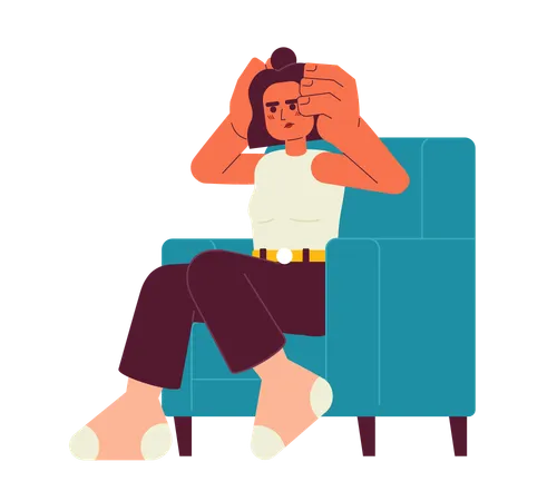 Exhausted Woman In Armchair Semi Flat Color Vector Character Hispanic Girl Holding Head In Stress Editable Full Body Person On White Simple Cartoon Spot Illustration For Web Graphic Design Illustration