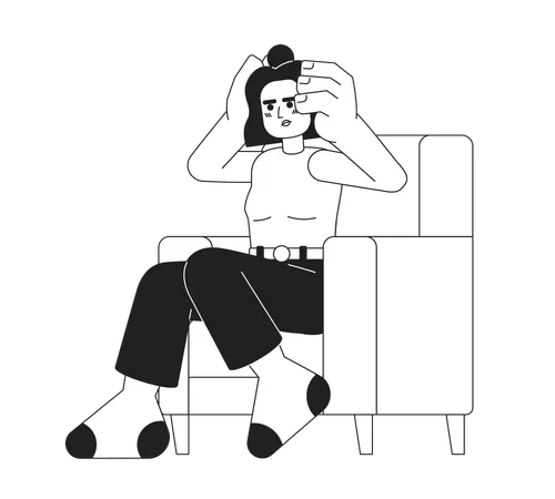 Exhausted Woman In Armchair Monochromatic Flat Vector Character Hispanic Girl Holding Head In Stress Editable Thin Line Full Body Person On White Simple Bw Cartoon Spot Image For Web Graphic Design Illustration