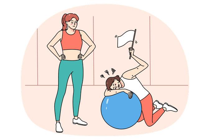 Exhausted woman lying on ball at training in gym  Illustration