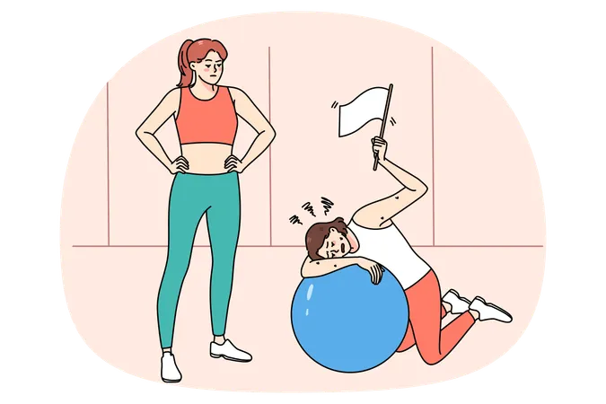 Exhausted woman lying on ball at training in gym  Illustration