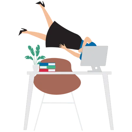 Exhausted worker diving into laptop  Illustration