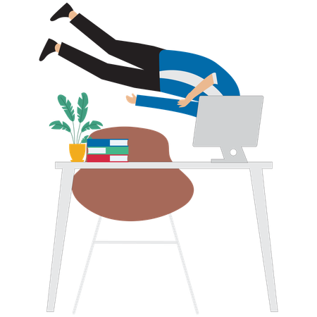 Exhausted worker diving into laptop  Illustration