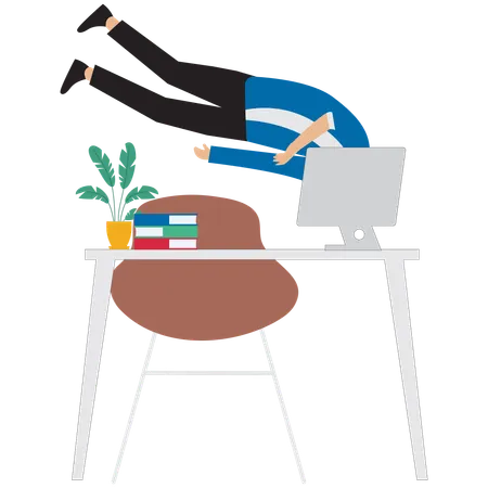 Exhausted worker diving into laptop  Illustration