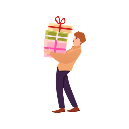 Exhausted young boy carries many gift boxes  Illustration