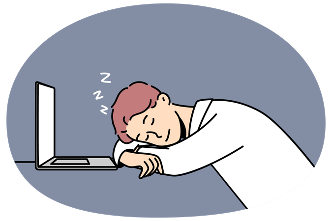 Exhausted young man fall asleep on desk near laptop  Illustration