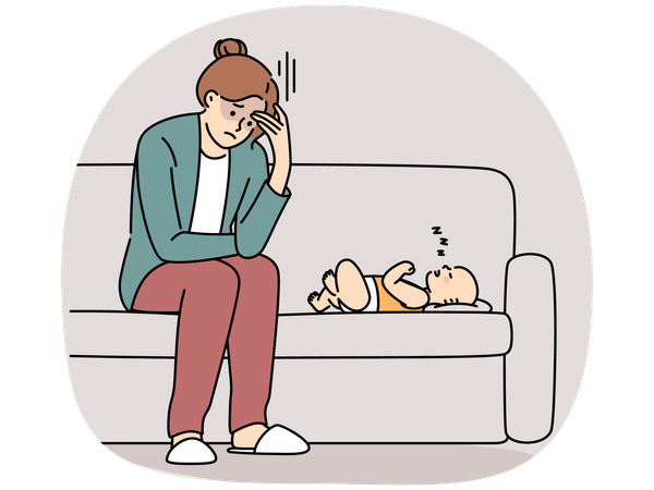 Exhausted young mother struggle with motherhood  Illustration