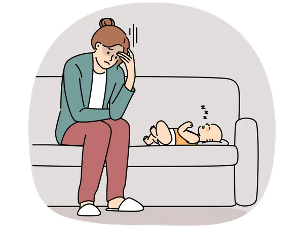 Exhausted young mother struggle with motherhood  Illustration