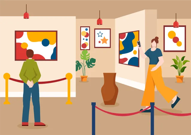 Exhibition Visitors Viewing A Gallery With Modern Abstract Painting At Contemporary In Exposition Hall In Flat Cartoon Background Vector Illustration Illustration