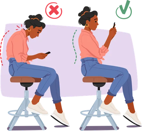 Exibindo pose correta e errada enquanto está sentado na cadeira e usando o celular  Ilustração
