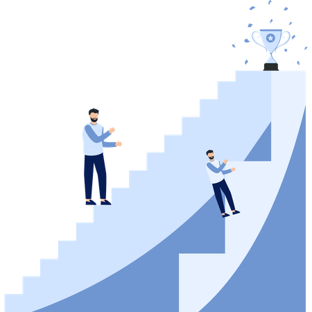Logro del éxito empresarial y superación de desafíos con trofeos y escaleras. Ilustración