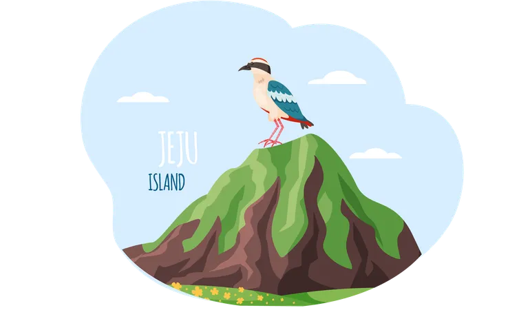 Exotic bird sits on mountain near green meadow with flowers and Jeju island inscription in sky  Illustration