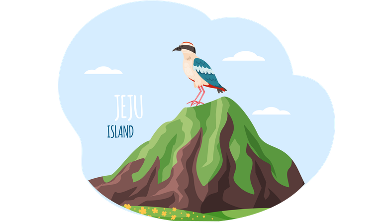 Exotischer Vogel sitzt auf einem Berg in der Nähe einer grünen Wiese mit Blumen und einer Inschrift der Insel Jeju im Himmel  Illustration