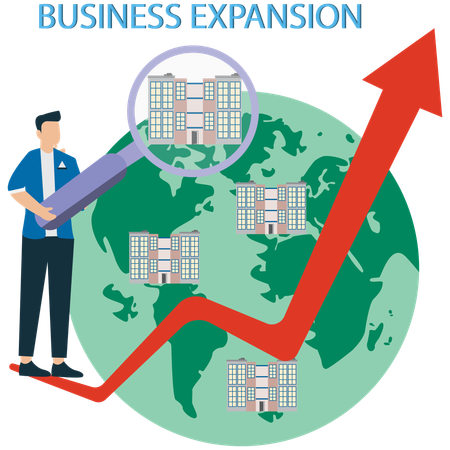 Expansión empresarial en todo el mundo con crecimiento de la empresa  Ilustración