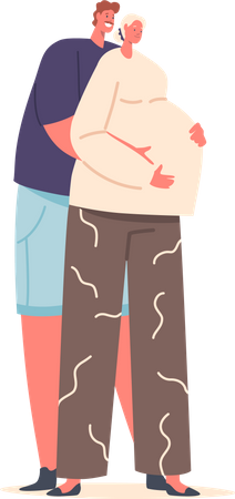 Expectant Couple Characters Embracing, Eagerly Awaiting Their Baby's Arrival  Illustration