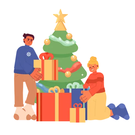 Expectation Christmas Day Cartoon Flat Illustration Happy Couple Wrapping Xmas Presents 2 D Characters Isolated On White Background Wintertime Fir New Year Tradition Scene Vector Color Image Illustration