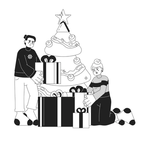 Expectation Christmas Day Black And White Cartoon Flat Illustration Happy Couple Wrapping Xmas Presents Linear 2 D Characters Isolated Wintertime New Year Tradition Monochromatic Scene Vector Image Illustration