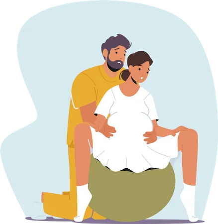 Expecting Couple In Clinic Prepare For Childbirth Using Fitness Ball Illustration