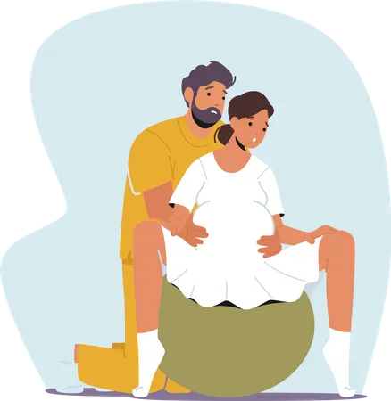 Expecting Couple In Clinic Prepare For Childbirth Using Fitness Ball  Illustration