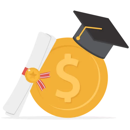 Education Cost Tuition Or Scholarship Money For University Or Graduation School Expense Or Student Debt College Diploma Concept Dollae Money Coin With Mortarboard Graduation Cap And Certificate 일러스트레이션