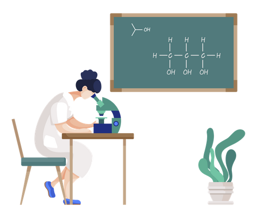 Expérience scientifique de chimiste avec microscope  Illustration