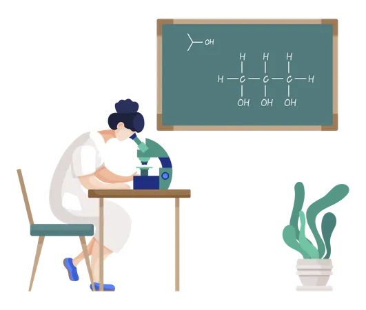 Expérience scientifique de chimiste avec microscope  Illustration