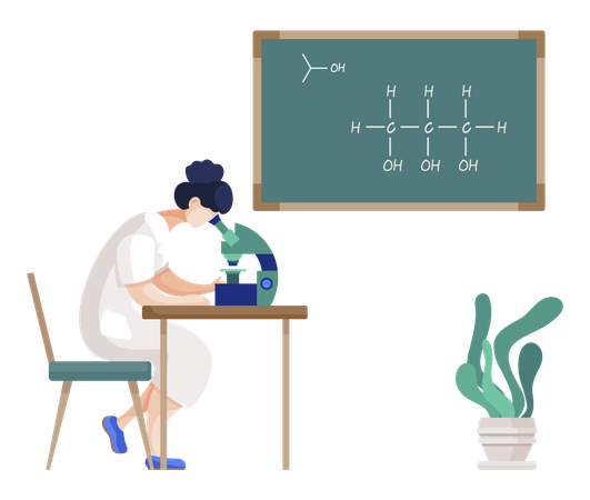 Expérience scientifique de chimiste avec microscope  Illustration