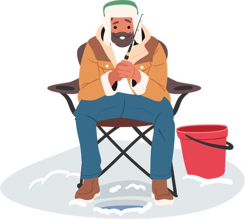 Experienced bearded man fisher feeling excited enjoying fish catching process  Illustration