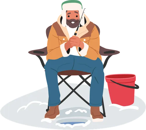 Experienced bearded man fisher feeling excited enjoying fish catching process  Illustration