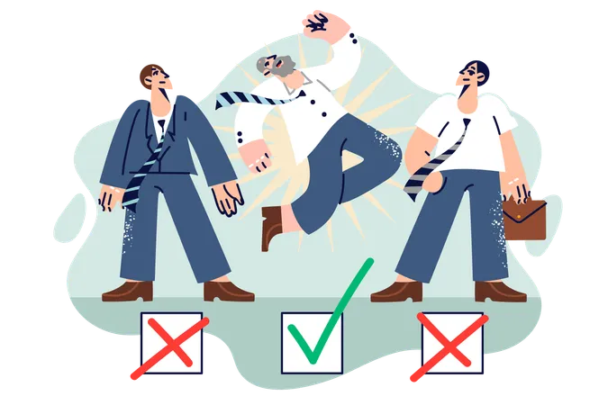 Experienced Business Man Wins Competition Among Young Employees Of Company By Jumping Over Checkbox Experienced Corporate Manager Celebrating Promotion Or Bonus Increase For Good Work Illustration