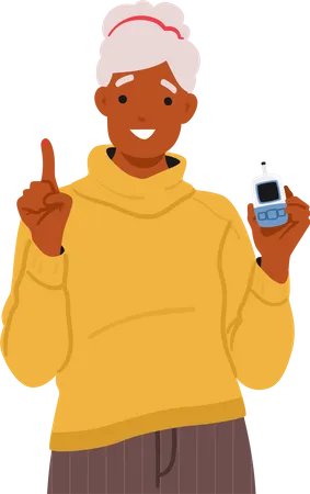 Experienced Elderly Woman Confidently Holds A Glucometer Aged Black Female Character Displaying Finger Up Gesture Indicating Importance Of Blood Sugar Monitoring Cartoon People Vector Illustration Illustration
