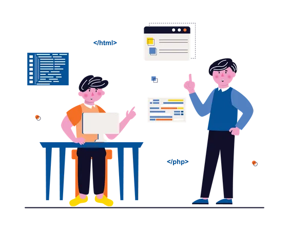 Experienced web developer explaining code  Illustration