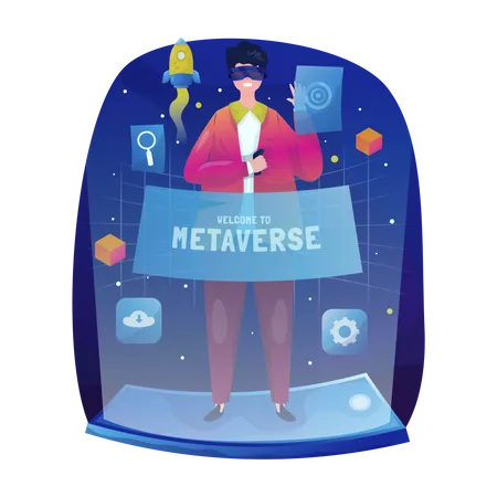 Experiencing metaverse features while wearing VR glasses Illustration