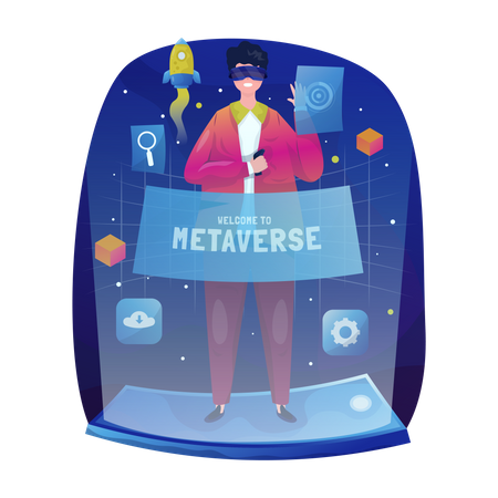 Experiencing metaverse features while wearing VR glasses  Illustration