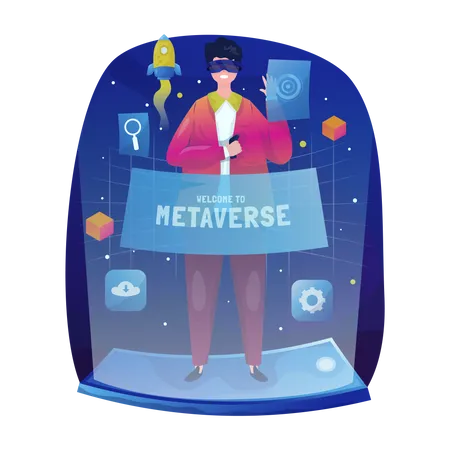 Experiencing metaverse features while wearing VR glasses  Illustration