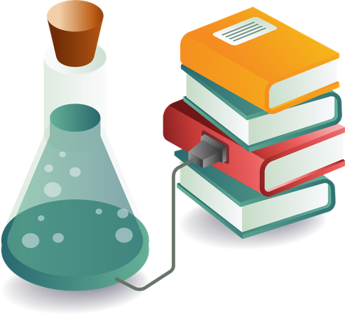 Experimental bottle with stack of books  Illustration