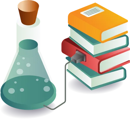 Experimental bottle with stack of books  Illustration