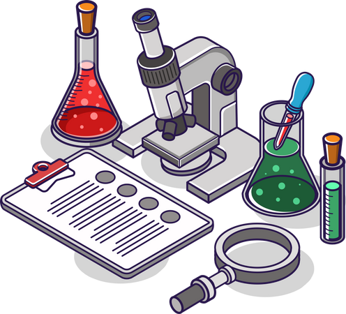 Experimental laboratory microscope and glass bottle  Illustration