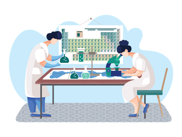 Experimento científico de acordo com a tabela periódica  Ilustração