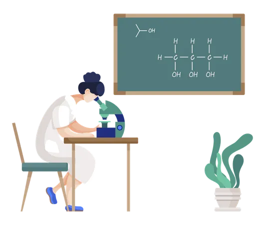 Experimento científico del químico con microscopio.  Ilustración