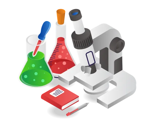 Experimento de laboratorio bajo microscopio.  Ilustración