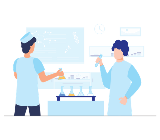 Experimento del equipo científico en laboratorio  Ilustración