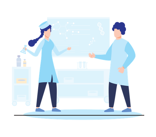 Experimentos del equipo científico en el laboratorio.  Ilustración