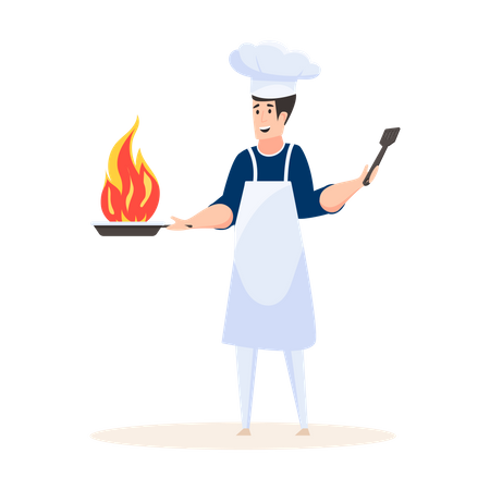 Chef expert cuisinant et tenant une poêle à frire  Illustration