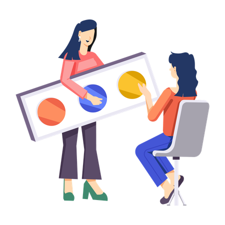 Expert en maquillage demandant une nuance de couleur au client  Illustration