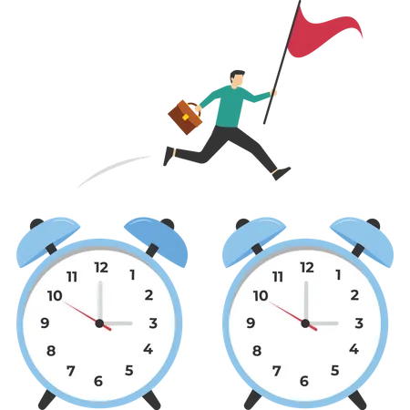 Expert entrepreneur jumping on time past the alarm clock  Illustration