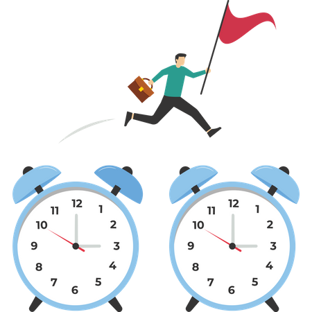 Expert entrepreneur jumping on time past the alarm clock  Illustration